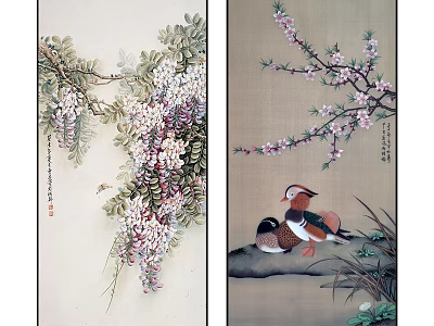 Traditional Chinese Painting Artworks Featuring Wisteria Plum Blossoms And Mandarin Ducks 3d model