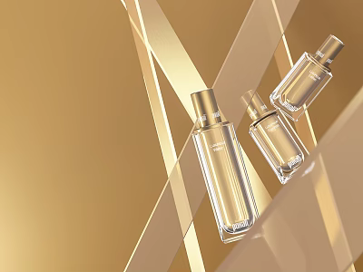 Elegant Transparent Glass Perfume Bottles On Golden Background With Modern Design 3d model
