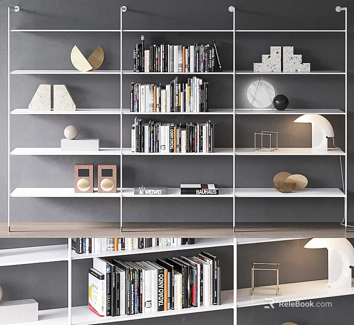 Modern Study Room Bookshelf With Books Geometric Decor And Decorative Lamps 3d model 