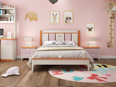 Cozy Kids Room Interior Design With Pink Walls Animal Paintings Colorful Rug And Wooden Floor 3d model