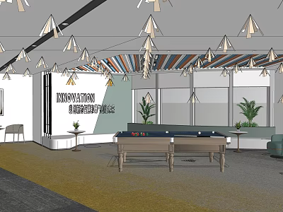 Modern Leisure Area With Innovation Sign Billiard Tables Green Plants And Pendant Lights 3d model
