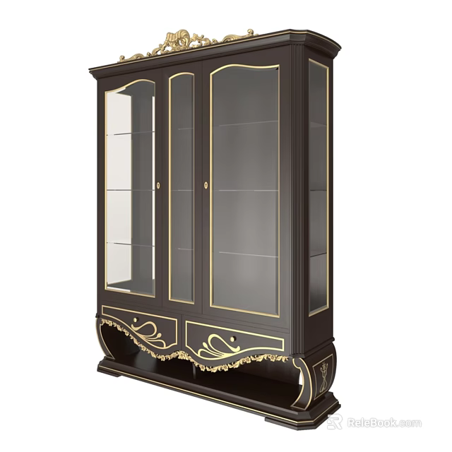 Elegant Classic Cabinet With Glass Doors Gold Accents Ornate Base And Shelves 3d model 