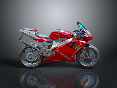 Red Sports Motorcycle With Modern Design Blue Windshield And Sleek Body 3d model