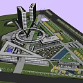 Modern Urban Building Complex With Green Roof Central Water Area And Surrounding Skyscrapers
