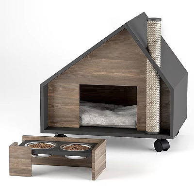 Wooden Pet House With Cushion Rolling Wheels And Matching Feeding Bowls Stand 3d model
