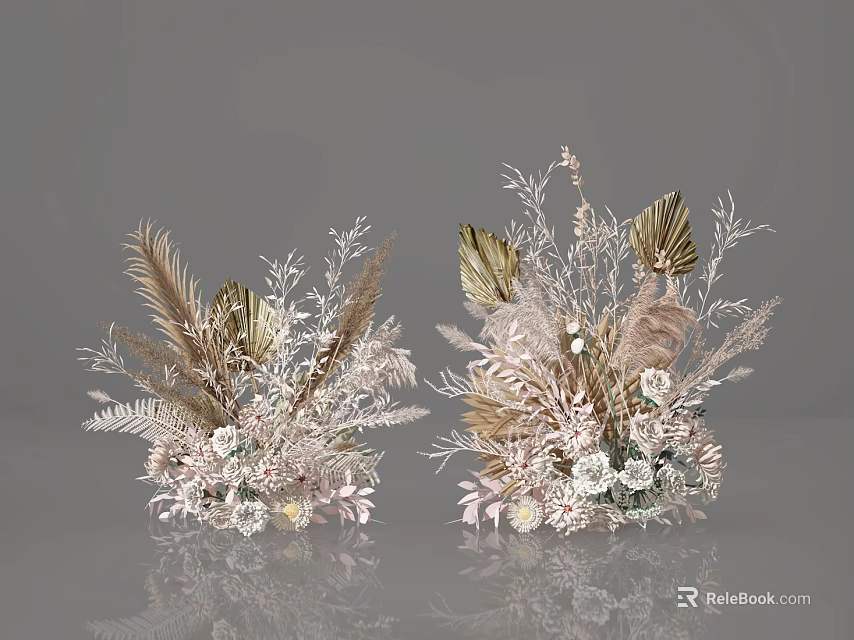 Pair of Elegant Vase Flower Arrangements With Feather Leaves And White Blooms 3d model 