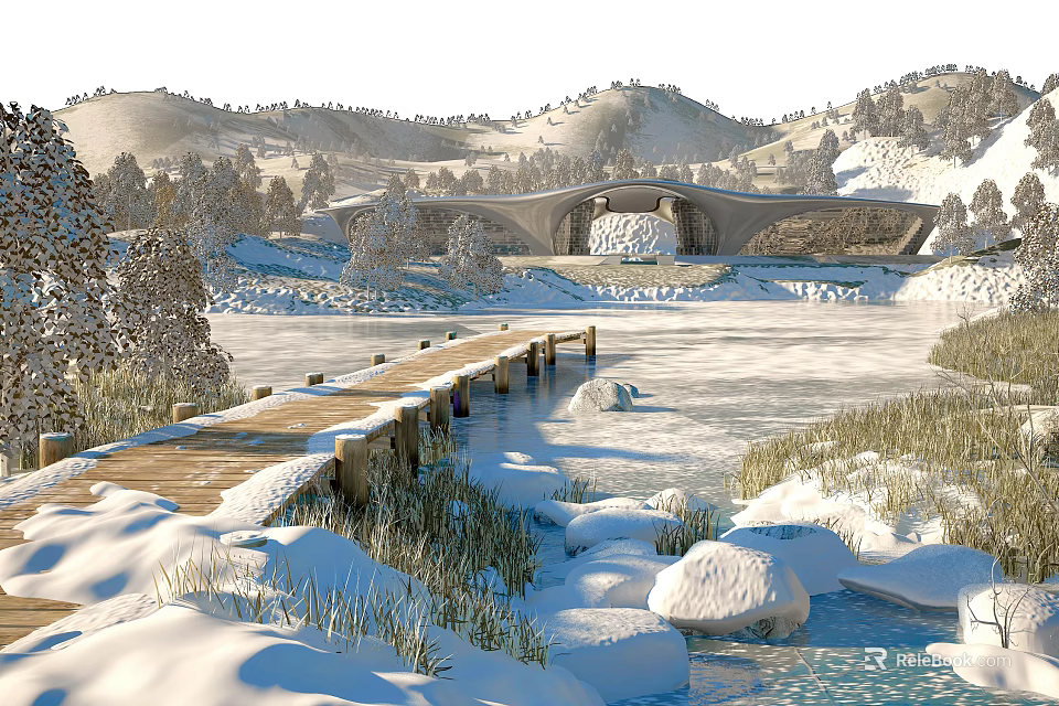Winter Landscape With Snow Covered Bridge River Plants And Mountains 3d model 