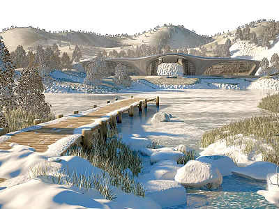 Winter Landscape With Snow Covered Bridge River Plants And Mountains 3d model
