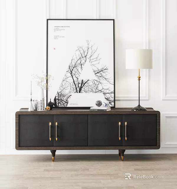 Modern Entryway Console Cabinet With Dark Wood Gold Handles And Decor Items Including Lamp And Painting 3d model 