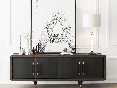 Modern Entryway Console Cabinet With Dark Wood Gold Handles And Decor Items Including Lamp And Painting 3d model