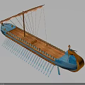 Ancient Wooden Sailing Ship With Blue Hull Orange Bow And Stern And Oars