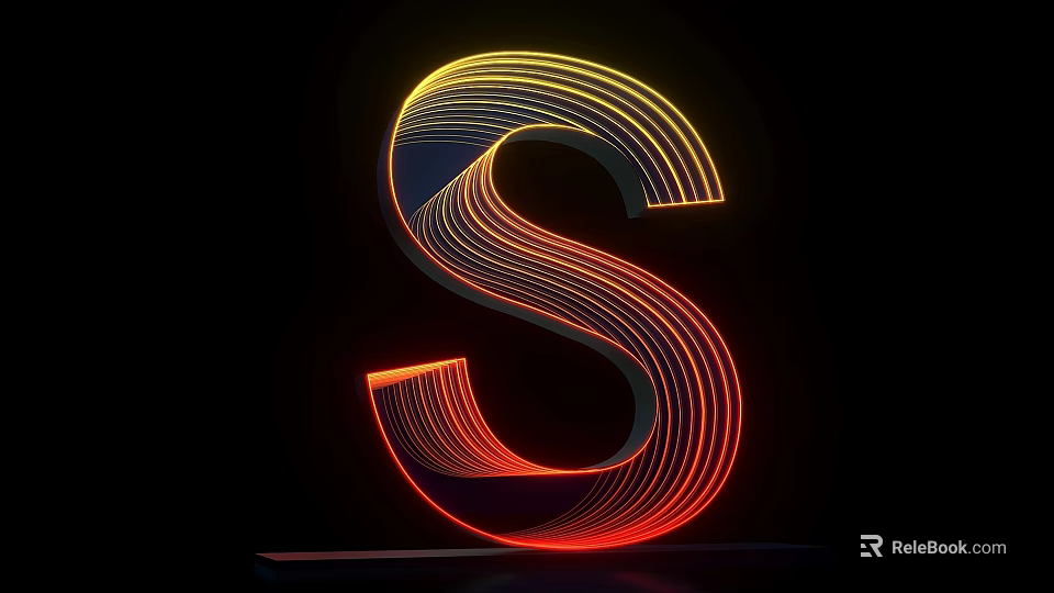 3D Letter S Design With Neon Colorful Lines On Black Background 3d model 