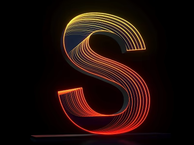 3D Letter S Design With Neon Colorful Lines On Black Background 3d model