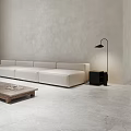 Modern Minimalist Dining and Living Room With Sofa Dining Table Hanging Lights and Concrete Walls