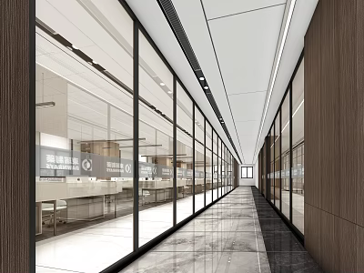 Modern Office Corridor With Glass Walls Wooden Panels And Marble Flooring 3d model