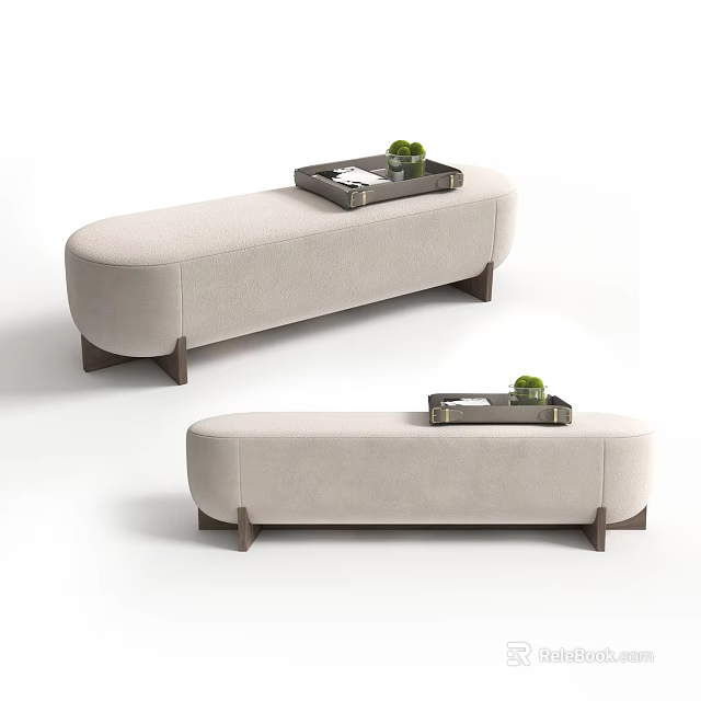 Modern Light Beige Fabric Sofa Bench with Wooden Legs and Decorative Tray Holding Green Plants 3d model 