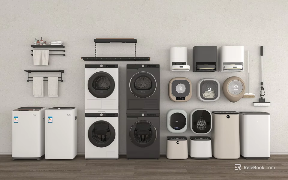 Stackable Washing Machines In Various Colors With Home Appliances In Modern Interior 3d model 