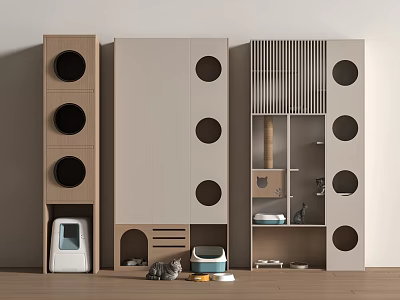 Stylish Storage Cabinets with Round Cutouts Vertical Stripes and Cat Supplies for Pet Cat Area 3d model