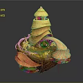 Cartoon Scene of Floating Island with Wooden Tower Leaf Structures Pond and Circular Symbol