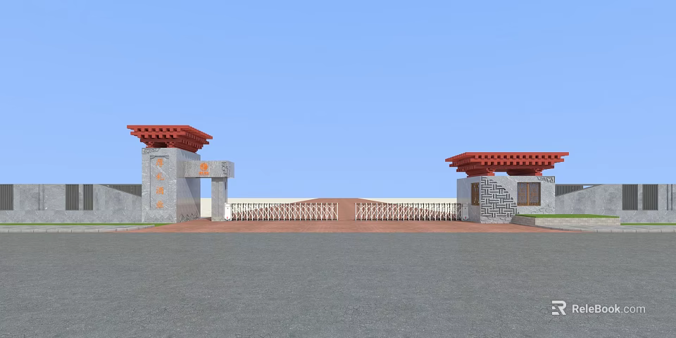 Traditional Entrance Gate With Red Roof Gray Stone Walls White Fenced Design And Blue Sky Background 3d model 