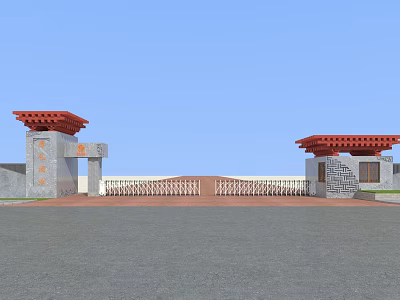 Traditional Entrance Gate With Red Roof Gray Stone Walls White Fenced Design And Blue Sky Background 3d model