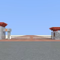 Traditional Entrance Gate With Red Roof Gray Stone Walls White Fenced Design And Blue Sky Background