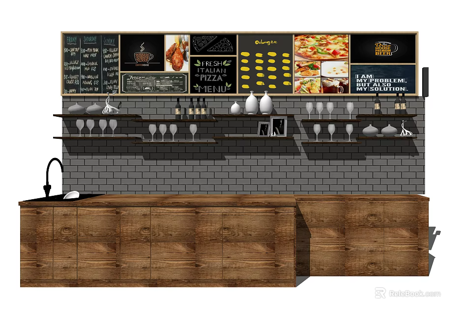 Wooden Reception Desk With Brick Wall Background Menu Boards Wine Glasses And Decorative Shelf Items 3d model 