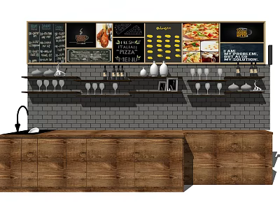 Wooden Reception Desk With Brick Wall Background Menu Boards Wine Glasses And Decorative Shelf Items 3d model