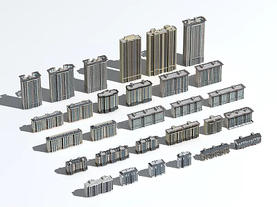 Residential Buildings Model Collection Featuring Various Heights and Architectural Styles 3d model