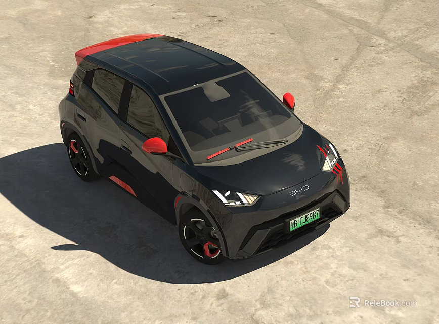 Small Black Electric Car With Red Accents And Green License Plate 3d model 