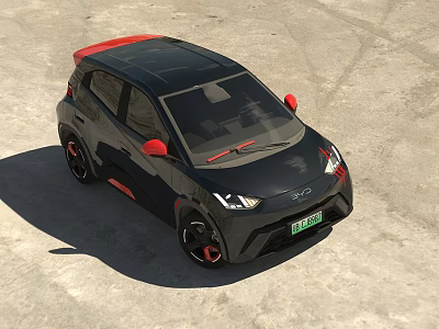 Small Black Electric Car With Red Accents And Green License Plate 3d model