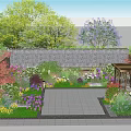 Serene Garden Landscape With Lush Trees Colorful Plants Stone Pathway Rock Wall And Gazebo