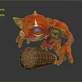 Red Pig Like Creature With Horn Large Ears And Colorful Eyes Holding Stone Hammer
