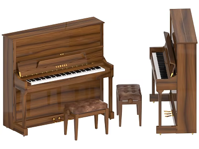 Elegant Wooden Upright Pianos with Matching Stools and Classic Design Features 3d model