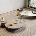 Three Round And Polygonal Coffee Tables On Carpet With Fruits Books Decor And Plant