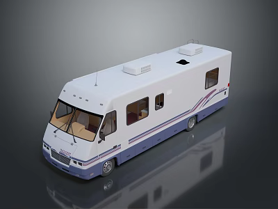 Modern White Bus with Blue Stripes Roof AC Units and Windows on Reflective Surface 3d model