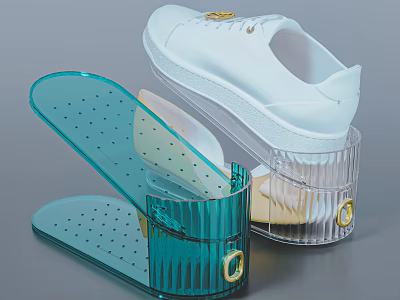 Transparent And Blue Plastic Shoe Stretchers Supporting White Shoes With Perforated Design 3d model