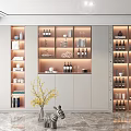 Modern Wine Cabinet With LED Lighting Glass Doors And Wine Bottle Display In Living Room