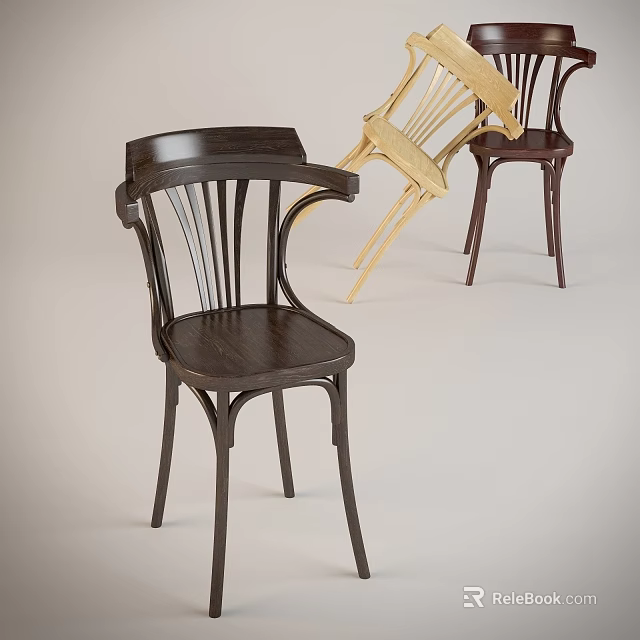 Classic Wooden Dining Chairs With Slatted Backs And Armrests In Various Colors 3d model 