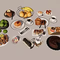 Assorted Delicious Foods Arranged On Wooden Table With Donuts Cookies Cake Fruits Coffee And Tea