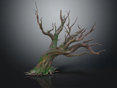 Wood and Stone Textured Dead Tree Trunk with Green Mossy Roots and Dry Branches 3d model