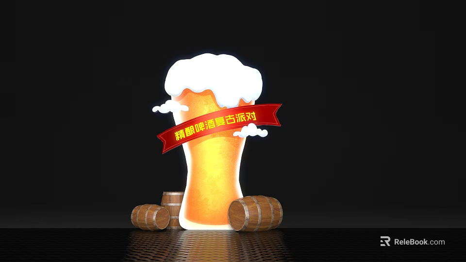 Craft Beer Event Display With Foamy Beer Glass Red Banner And Wooden Barrels 3d model 