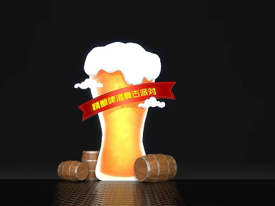 Craft Beer Event Display With Foamy Beer Glass Red Banner And Wooden Barrels 3d model