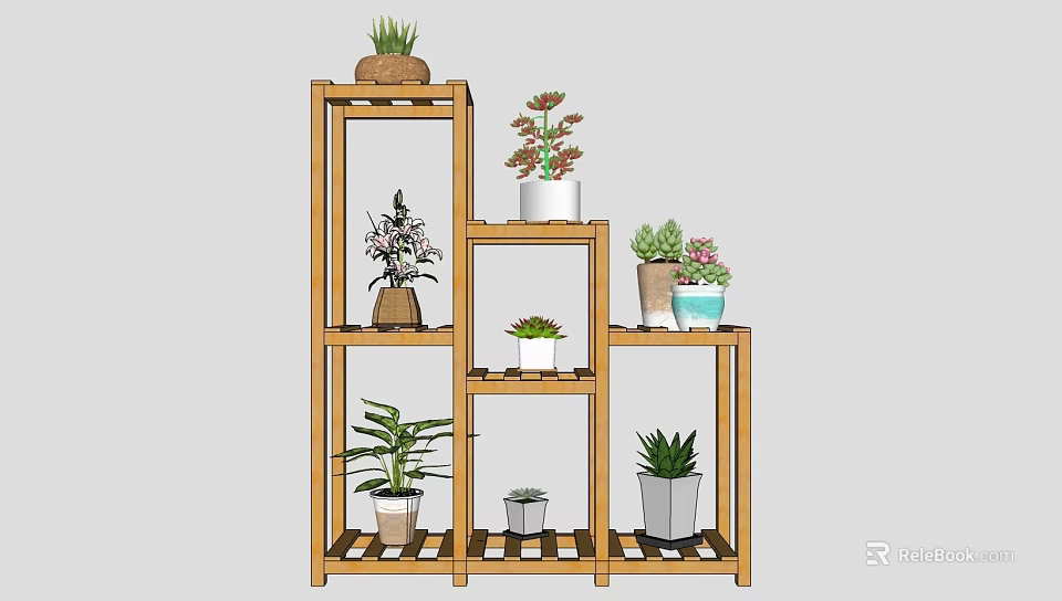 Wooden Multi Tiered Plant Stand Displaying Various Potted Plants And Greenery 3d model 