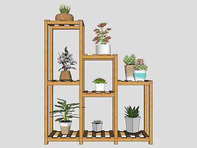 Wooden Multi Tiered Plant Stand Displaying Various Potted Plants And Greenery 3d model