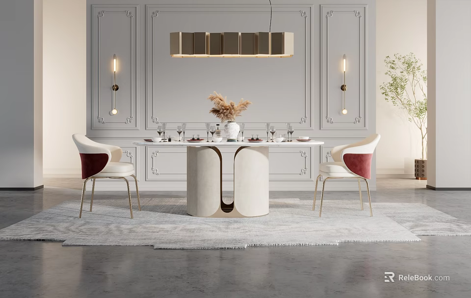 Modern White Dining Table Set With Red Cushioned Chairs Paneled Walls Pendant Light And Rug 3d model 