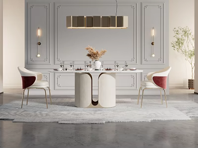 Modern White Dining Table Set With Red Cushioned Chairs Paneled Walls Pendant Light And Rug 3d model