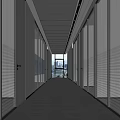 Modern Office Corridor With Glass Doors Linear Ceiling Lights And Polished Marble Flooring