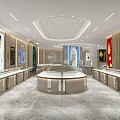 Luxury Modern Jewelry Store Interior With Curved Glass Display Counters Chandelier And Green Plants