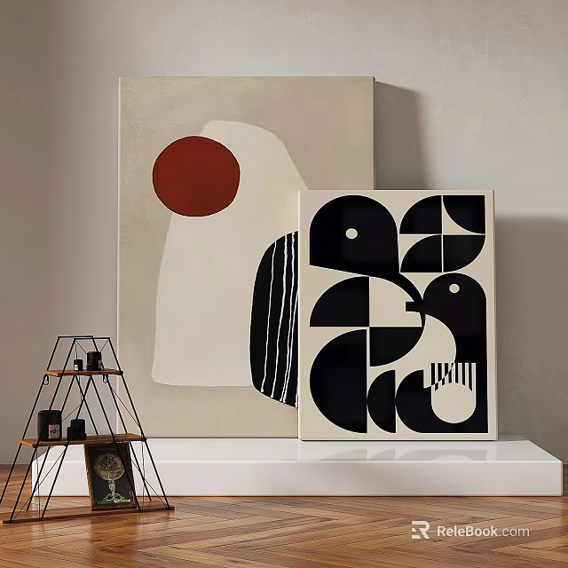 Modern Abstract Paintings with Red Circle and Black White Geometric Patterns 3d model